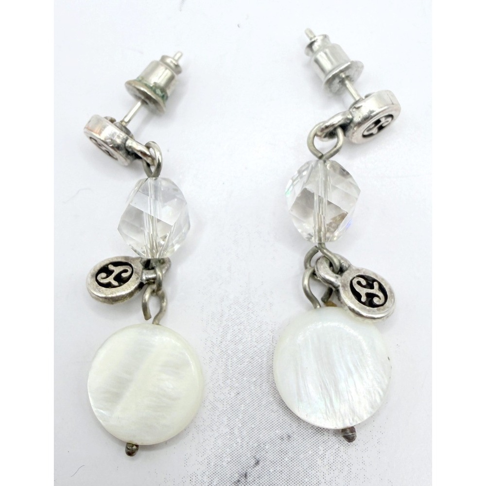 Vintage Mother ofβ Pearl Disc Dangle Earrings Clear Glass Beads Silver Tone
